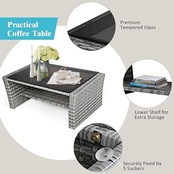 COSTWAY 4 Pieces Patio Rattan Furniture Set, Outdoor Wicker Sofa Set with Tempered Glass Coffee Table, Cushions, All Weather Rattan Conversation Set for Yard Balcony Backyard Pool (Turquoise)