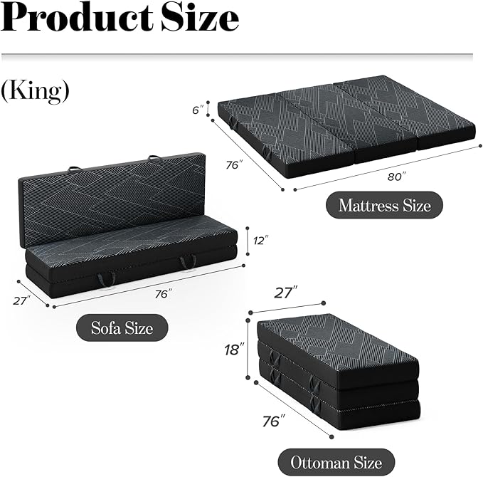 Tri Folding Mattress King Size - Foldable Mattress Trifold Memory Foam Mat with Washable Cover, Handle & Non-Slip Bottom Portable Foldable Floor Sofa Bed for Travel Camping Guest - 6 Inch, 80"x76"x6"