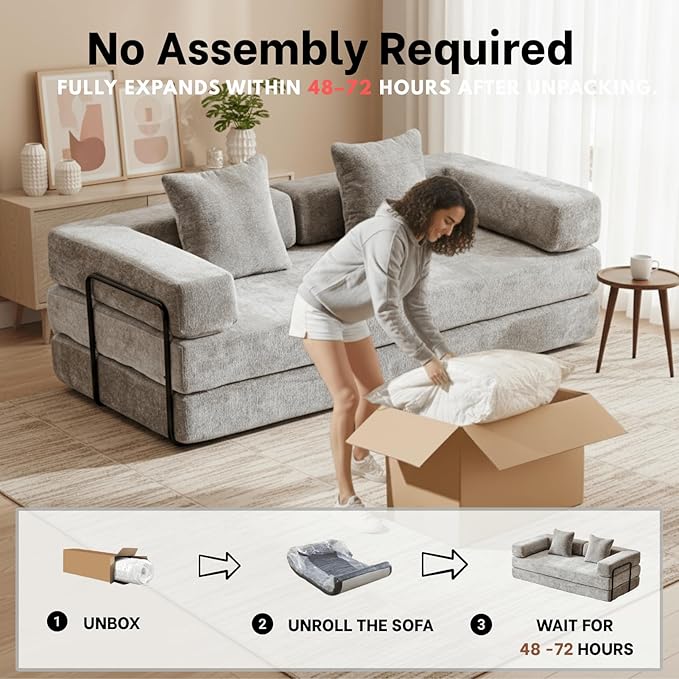 4-in-1 Folding Convertible Sofa Bed, 77" Floor Couch with Pillow - Chenille Fabric & High-Density Sponge & Fixed-Shape Frame, Modular Sofa for Living Room/Lounge/Studio, Light Grey