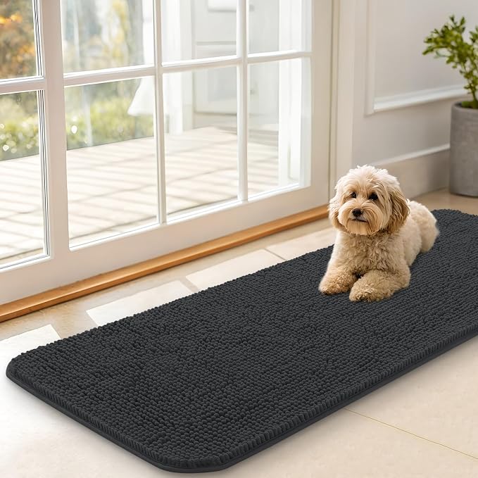 OLANLY Dog Door Mat for Muddy Paws 47x17, Absorbs Moisture and Dirt, Absorbent Non-Slip Washable Doormat, Quick Dry Chenille Mud Mat for Dogs, Entry Indoor Entryway Carpet for Inside Floor, Dark Grey by OLANLY
