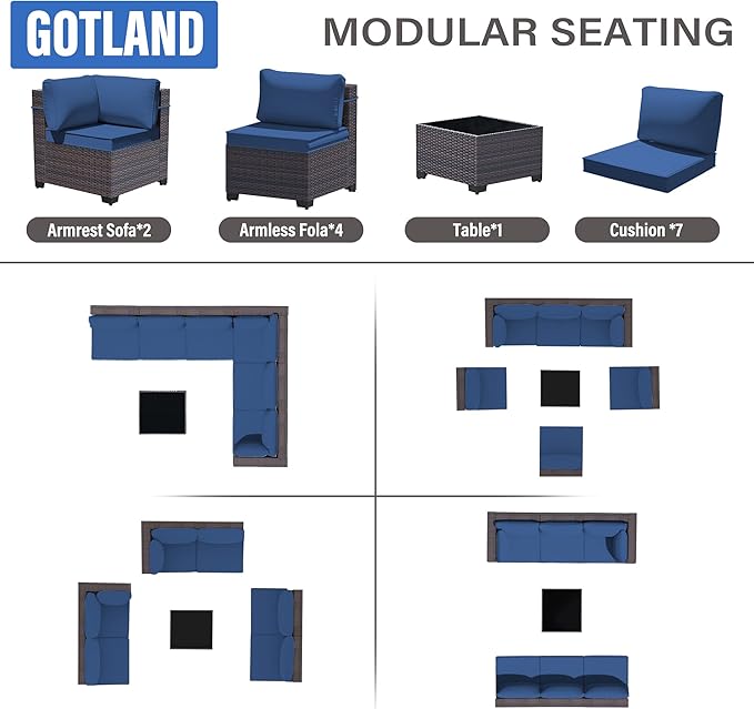 Gotland 7 Pieces Patio Furniture Set with 4’’ Thick Cushions, All-Weather PE Rattan Patio Set with 29.5'' High Backrest, Outdoor Furniture with Coffee Table for Porch Deck Garden Navy