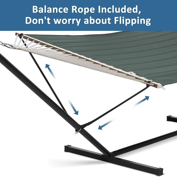 SUNCREAT Hammocks Extra Large Double Hammock with 12 ft Stand, 475lbs Capacity, Outdoor Portable Hammock with Hardwood Spreader Bar, Extra Large Pillow, Gray Green - Image 3