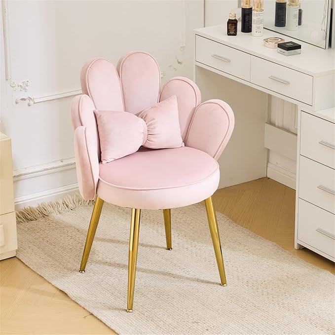 VINGLI Petal Makeup Vanity Chair with Back,Flower Cute Girls Desk Chair Comfy No Wheels,Modern Dining Chair,Small Accent Chair with Adustable Gold Legs&Bow Pillow for Home Office,Bedroom,Velvet,Pink