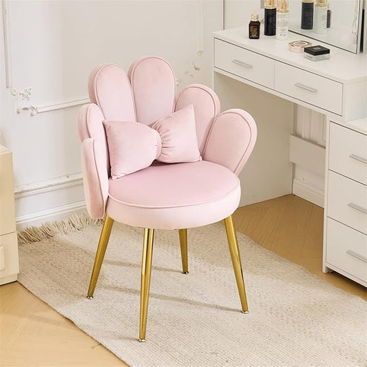 VINGLI Petal Makeup Vanity Chair with Back,Flower Cute Girls Desk Chair Comfy No Wheels,Modern Dining Chair,Small Accent Chair with Adustable Gold Legs&Bow Pillow for Home Office,Bedroom,Velvet,Pink