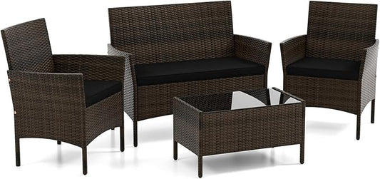 DORTALA Wicker Patio Furniture Set 4 Piece, Outdoor PE Rattan Table & Chairs Set with Tempered Glass Coffee Table, Loveseat, Cushions, Conversation Set for Balcony, Porch, Backyard, Deck, Black