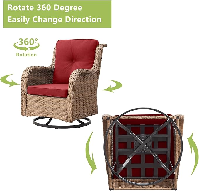 Rilyson Patio Chairs Wicker Outdoor Chair - 6 Piece Rattan Patio Swivel Rocking Chairs Set with Glass Top Side Table for Porch Deck Backyard(Yellow/Red)