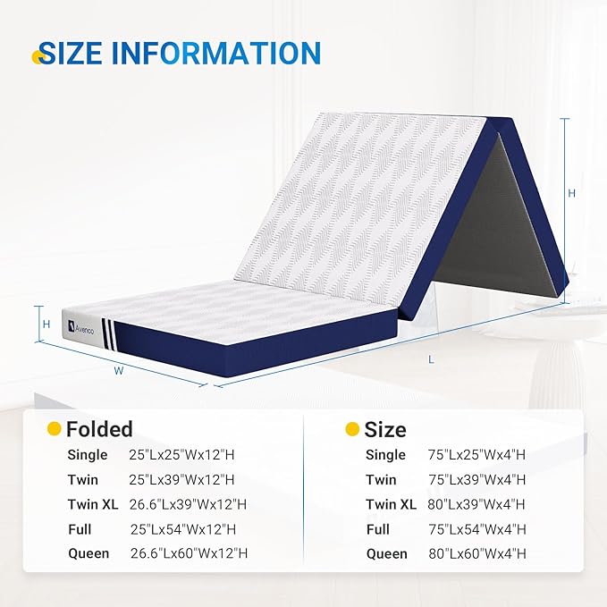 Avenco Foldable Mattress Single, Folding Mattress 4 Inch Memory Foam, Trifold Mattress Portable with Removable Cover & Detachable for Guest Room/Caravan/Camping/Travel, 75"x25"x4"