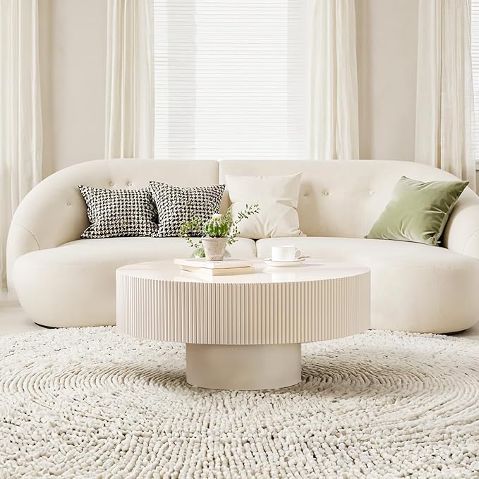 Round Coffee Table Fluted Coffee Table Wood Drum Coffee Tables Modern Circular Coffee Tables Circle Pedestal Center Table for Living Room (White Thick Desktop)