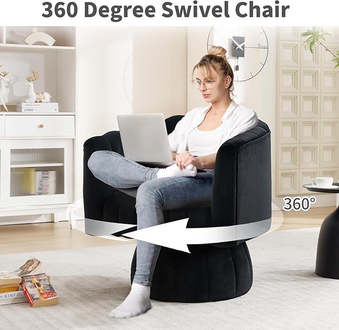 Swivel Accent Barrel Round Chair - Comfy 360° Arm Chairs Cute Small Sofa Club Velvet Reading Chair for Living Room Bedroom Office - Black