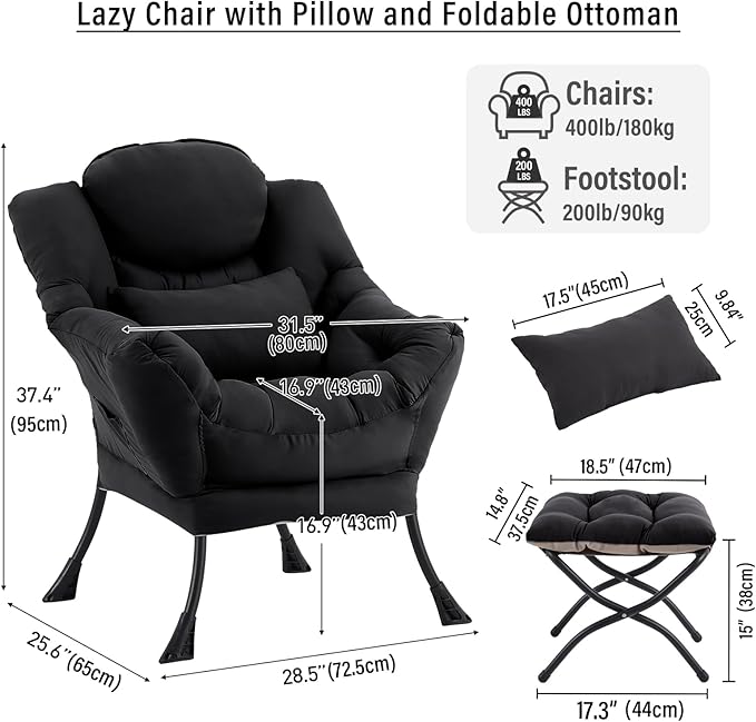 Lazy Chair with Ottoman, Modern Accent Chair with Lumbar Pillow, Black Sofa, Armchairs with Folding Footrest, Oversized Supportive Chairs for Bedroom, Reading