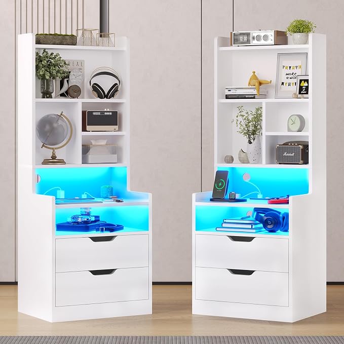 BTHFST Tall Nightstand Set of 2, LED Nightstand with Charging Station, Bedside Table with Shelves and 2 Drawers, Tall End Side Table with LED Lights and Storage, White by BTHFST