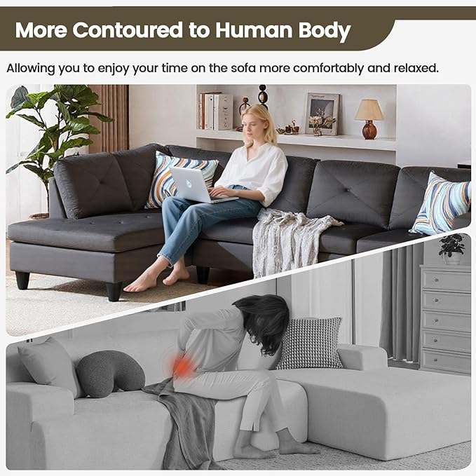 Sectional Couches for Living Room Furniture, 4 Seat L Shaped Couches with Ottoman, Modular Sectional Sofa for Apartment Furniture Sets, Grey