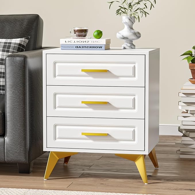 Giluta White Nightstand with 3 Drawers, Modern Night Stand with Gold Solid Metal Legs & Handles, Wood Bedside Table, Sofa End Side Table for Bedroom - Image 7