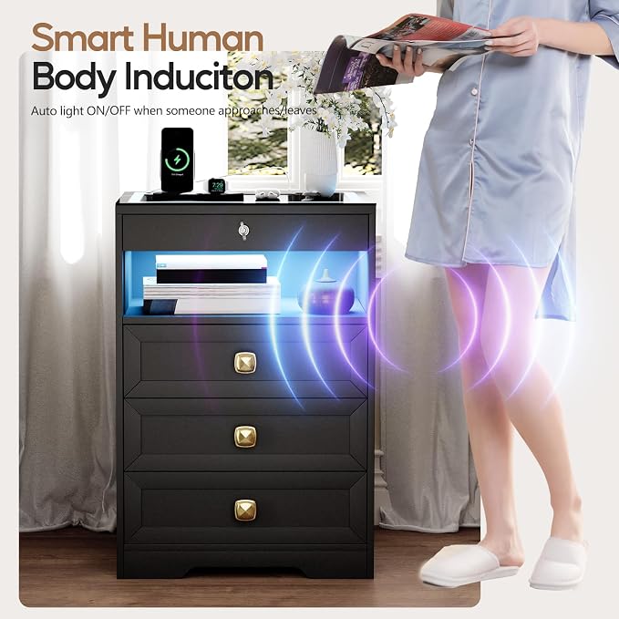Smart Nightstand with Lockable Gun Drawer,Farmhouse Bedside Table with Charging Station and 3 LED Lights, Modern Night Stand with 3 Drawers,Glass Top End Side Table for Bedroom（Black） - Image 8