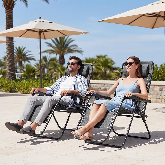 JEAREY Oversized Zero Gravity Lounge Chairs Set of 2, Adjustable Steel Mesh Recliners with Pillows and Cup Holder Trays for Patio, Garden, Beach, Dark Grey - Image 2