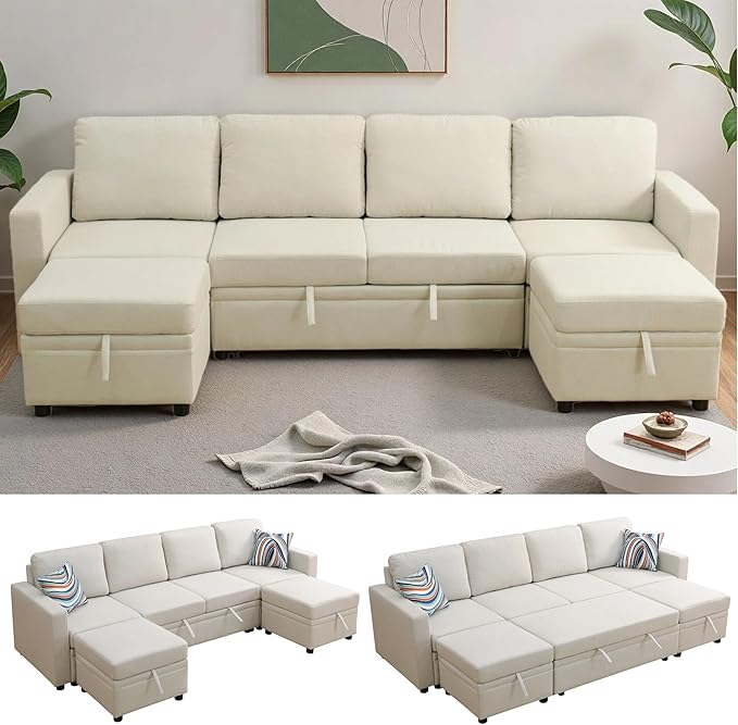 102 Inch Pull Out Couch, Convertible Sofa Bed for Living Room, Comfortable Sleeper Sofa with Pull Out Bed, Modern Sectional Couches with Ottoman Storage, Easy Assembly for Apartment, Off-White