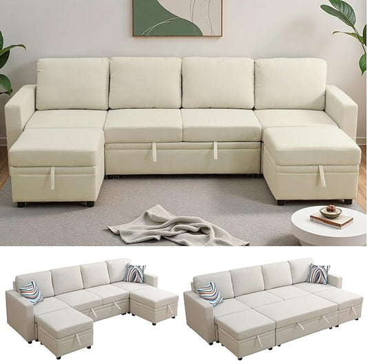 102 Inch Pull Out Couch, Convertible Sofa Bed for Living Room, Comfortable Sleeper Sofa with Pull Out Bed, Modern Sectional Couches with Ottoman Storage, Easy Assembly for Apartment, Off-White