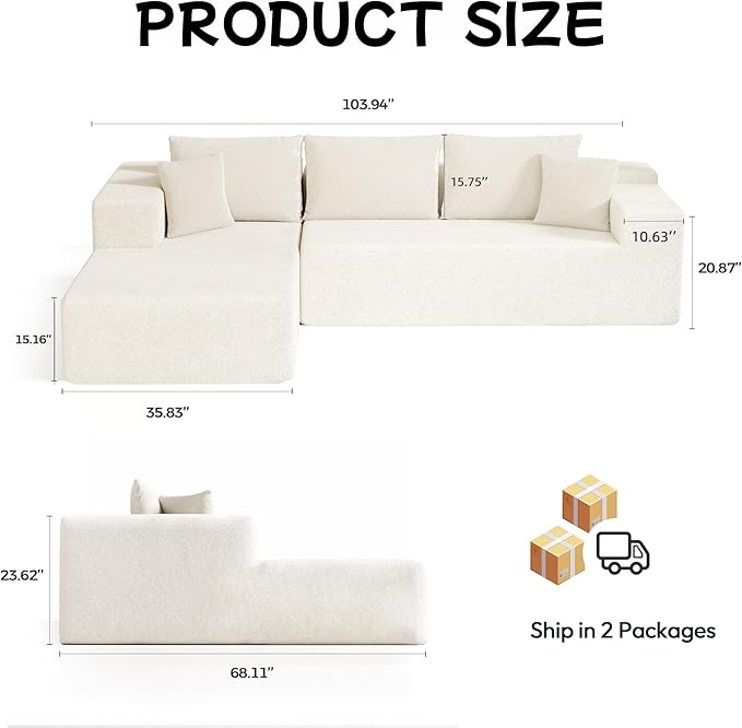 L-Shape Cloud Sectional Sofa, 104” Modern Modular Boneless Couch with Right Chaise Lounge, Compressed Floor Sofa with 5 Pillows & Deep Seat, Rain Drop Velvet Couch for Living Room, Beige