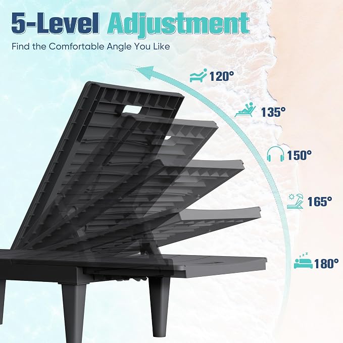 Devoko Outdoor Chaise Lounge Chair Set of 2 with 5-Position Adjustable Back, Waterproof & Lightweight PP Lounge Chairs for Outside Pool Patio (Black) - Image 5