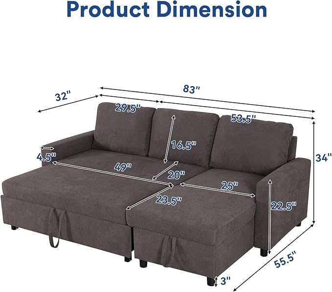 Rovibek 83" Convertible Sofa Bed Couch with Storage - 4 in 1 L Shaped Sofa with Pull Out Couch Bed for Living Room, Apartment, Office, Small Spaces, Coffee