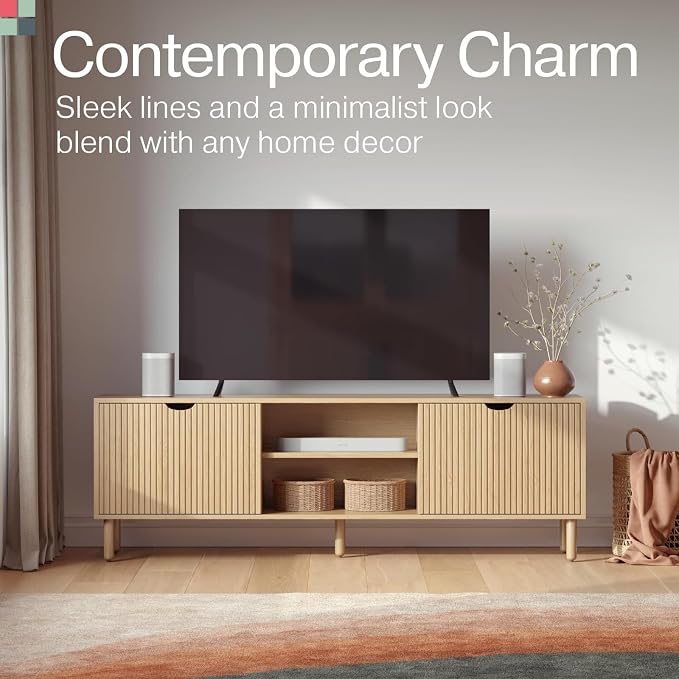 Stead Contemporary Fluted TV Stand, 70 Inches TV Media Console, Supports 32 to 80" TVs, Media Console Cabinet for Living Room and Bedrooms, Soft-Close Cabinet Doors (Light Oak) - Image 7