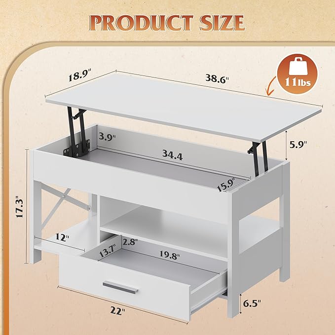 WLIVE Coffee Table, 39" Lift Top Coffee Table with Hidden Compartment, Storage Drawers and Storage Shelf for Living Room, Reception Room, White