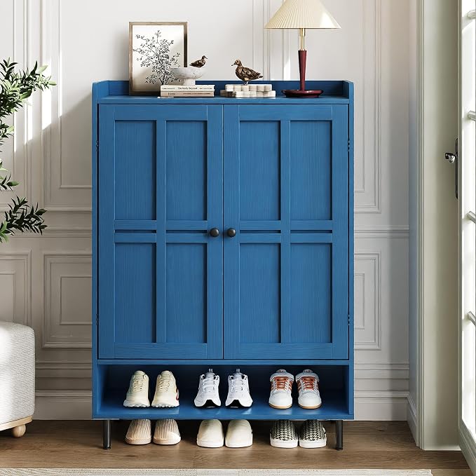 ComfyCorner Blue 7+1 Tier Farmhouse Shoe Storage Cabinet - 45" Tall Entryway Organizer with Cross Molding Doors, 3 Adjustable Shelves & Metal Legs, Shoe Rack for Front Door Entrance - Image 3