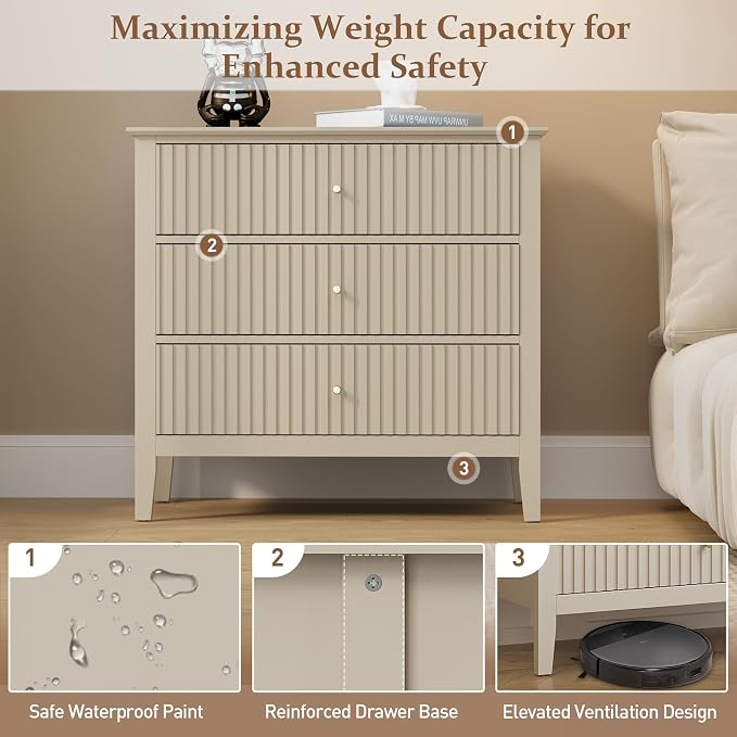 RoyalCraft Beige Fluted 3 Drawer Dresser, 32 inch Wide Dresser Nightstand for Bedroom, Modern Wood Chest of Drawers, Large Painted Nightstand with 3 Drawers for Closet, Hallway, Entryway - Image 7