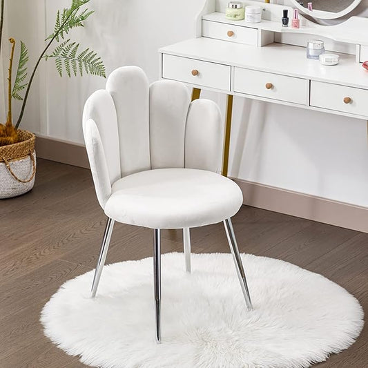 Vanity Chair for Makeup Room - Midcentury Modern Accent Chair for Living Room Bedroom, Velvet Chair with Back Support and Metal Legs (White)