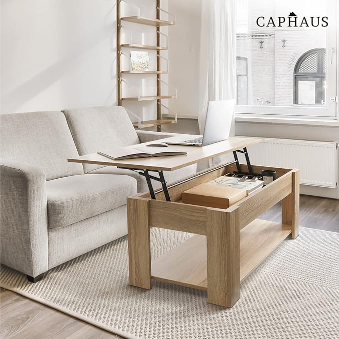 CAPHAUS 47' Natural Oak Lift Top Coffee Table with Storage, 110 lbs Capacity, 11 lbs Lifted