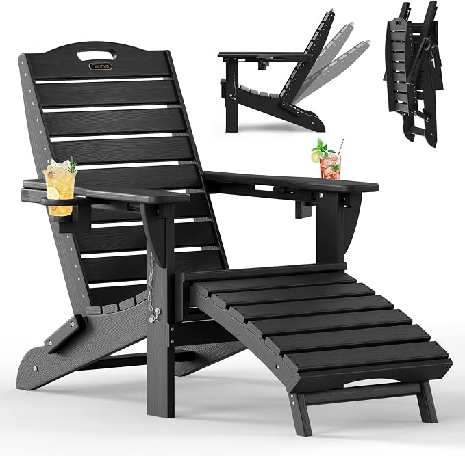 Folding Adirondack Chair with Retractable Ottoman Weather Resistant Fire Pit Chair Patio Chair with 2 Cup Holder Lawn Outdoor Lounge Chair (Black) by Suunyn