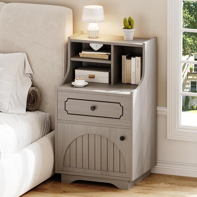 4ever2buy Farmhouse Nightstand Set of 2 with Hutch, 30 inch Tall Nightstands with Storage, End Tables Bedside Tables for Bedroom, Wash Grey - Image 5
