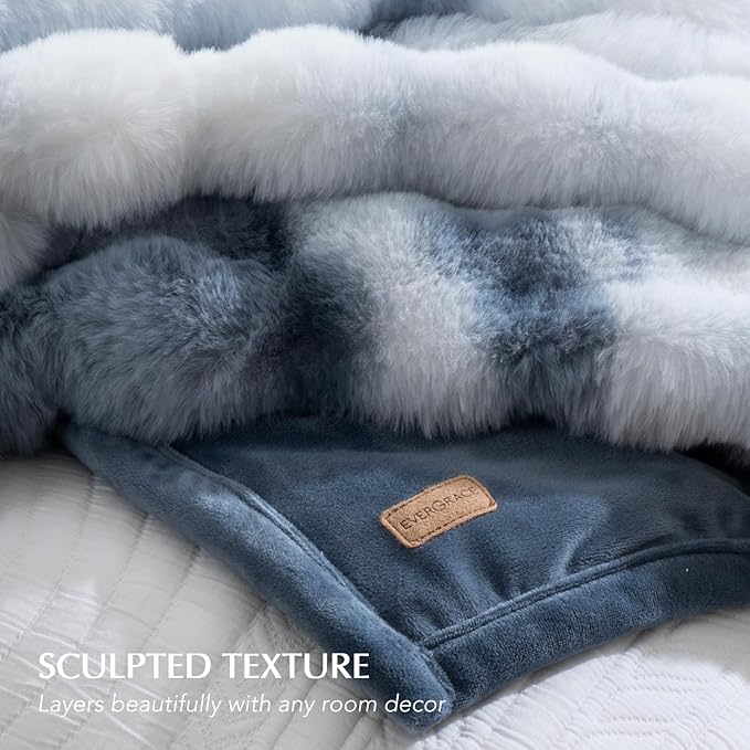EverGrace Ultra Soft Luxury Fluffy Faux Rabbit Fur Throw Blanket, Thick Warm Bubble Throw for Bed, Cozy Plush Reversible Blankets for Couch, Chair, Sofa, Cloud Blue, 60x80 Inches