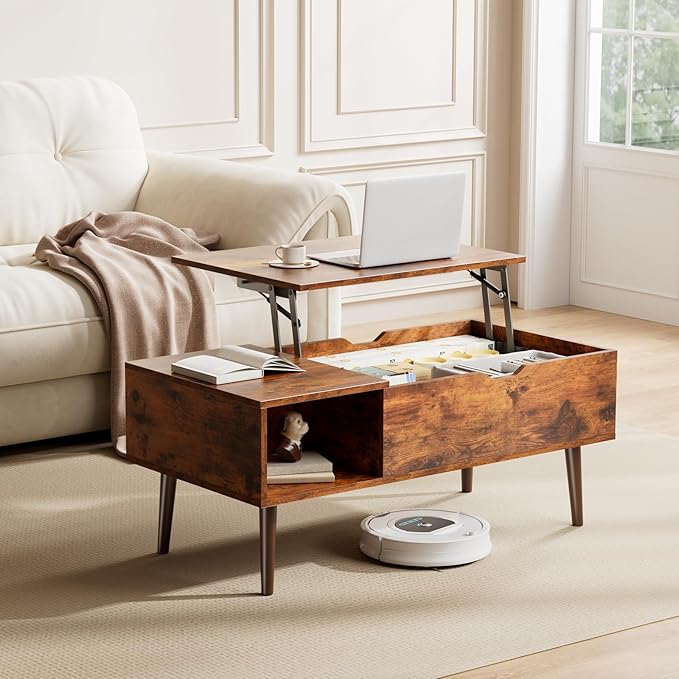 NEWBULIG Lift Top Coffee Table with Storage, Wooden Coffee Table for Living Room, Hidden Compartment & Open Shelf, Small Space Center Table, Rustic Brown