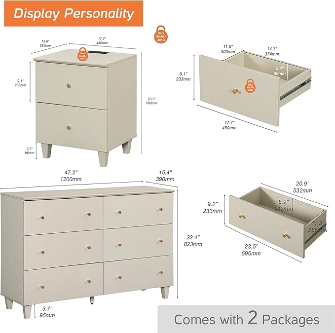 WAMPAT Dresser and Nightstand Set of 2, 47.2 Inches Wood Dresser with 6 Drawers, 1 Piece Nightstand with Drawers and Charging Station, Bedroom Furniture Set, Beige