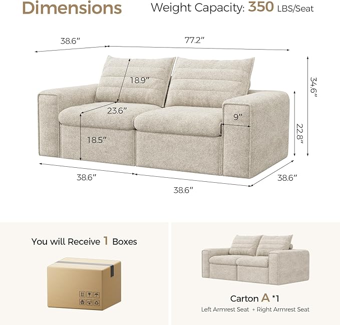 77" Cloud Loveseat Sofa, Deep Seat Couch with Pillows, Modern Comfortable Upholstery Boneless Sofa, 1 piece for Living Room, Bedroom, Apartment, Removable Cover，No Assembly Required, Apricot