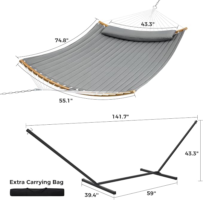SUPERJARE Hammock with Stand, 2 Person Heavy Duty Hammock Frame, Detachable Pillow & Strong Curved-Bar & Portable Carrying Bag, Perfect for Outdoor & Indoor - Gray - Image 8