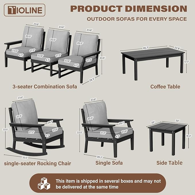 HDPE Patio Conversation Set, 7-Piece All Weather Outdoor Furniture Set with 1 Single Rocking Armchairs for Deck, Lawn, with Cushion, Black