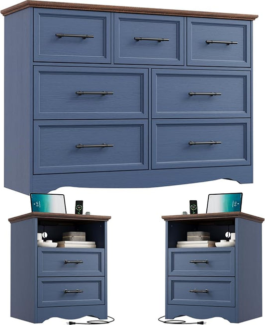 Bedroom Set, 3 Pieces Bedroom Furniture Set, Wood 7 Drawer Dresser and Nightstands with Charging Station, Farmhouse Storage Organizer Cabinet for Bedroom, Blue