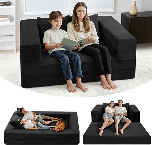 Futon Sofa Bed with Pillow, 3-in-1 Sleeper Sofa Bed with Removable Cover, Convertible Floor Sofa Bed, No Assembly Boneless Couch for Living Room, Bedroom