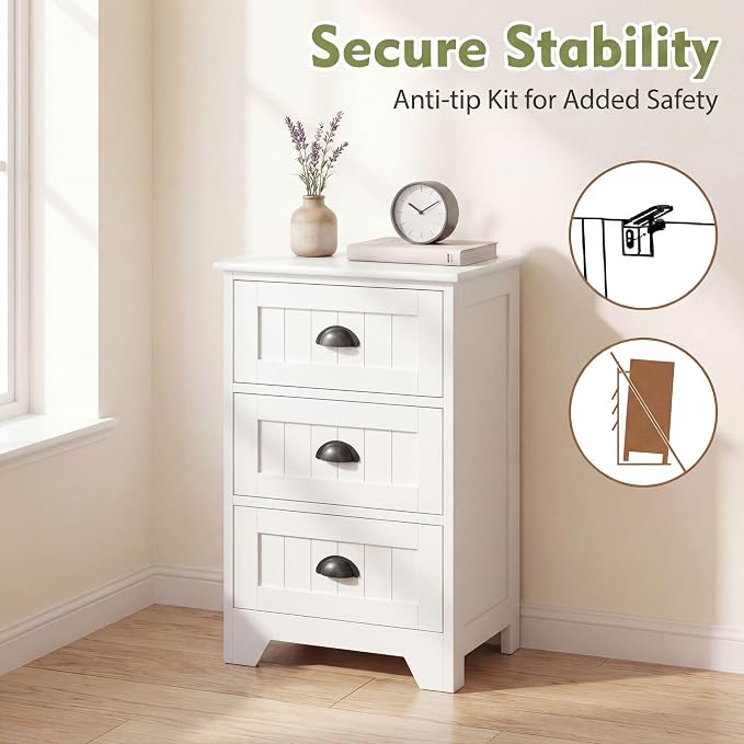Giantex Nightstand with 3 Drawers, Set of 2 Bedside Table with Exquisite Metal Handles, Accent Table Sofa Side Table with Anti-toppling Device for Bedroom, Study, White - Image 7