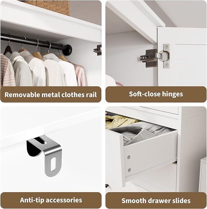 GarveeHome Armoire Wardrobe Closet with Drawers, 69.5 in Wooden Wardrobe Cabinet with Hanging Rod, 2 Doors Clothing Storage Cabinet for Bedroom, Large Capacity Storage, Louvered Door, White