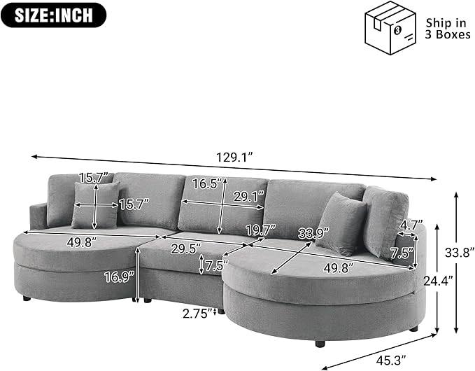 Merax 129 inches 3-Seater Curved Chenille Sofa, Modern Upholstered Living Room Couch with Thick Cushions, Includes 2 Throw Pillows, Easy Assembly, Dark Grey