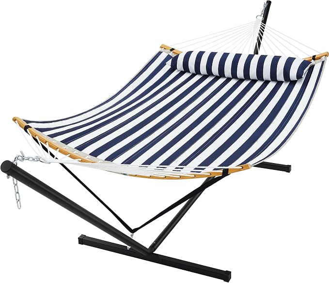 SUPERJARE Curved-Bar Hammock with Stand, 2 Person Heavy Duty Hammock Frame, Detachable Pillow & Portable Carrying Bag, Perfect for Outdoor & Indoor, Denim Blue with White Stripes by SUPERJARE