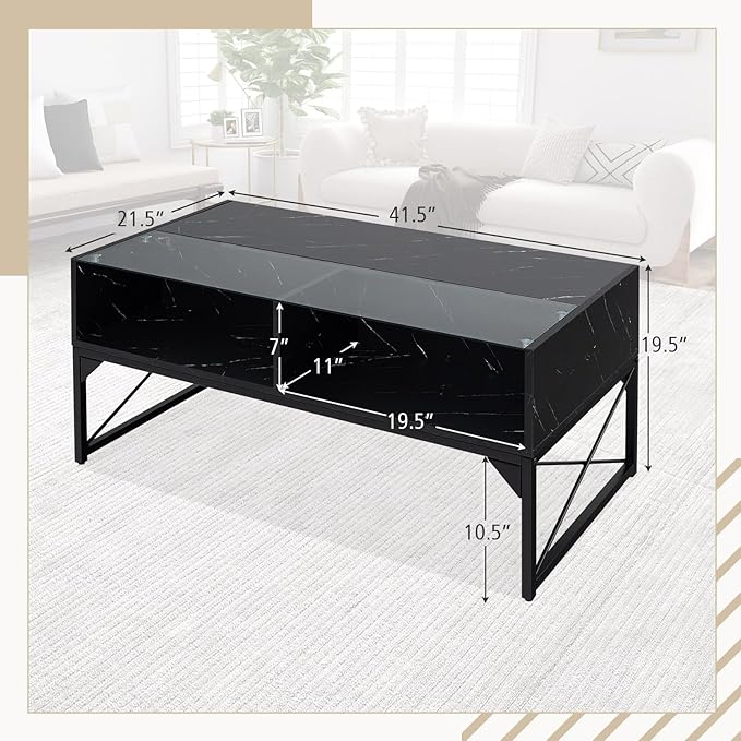 Giantex LED Coffee Table, High Gloss Coffee Tables with 4 Storage Cubes, 20-Color Lights, Remote Control, Faux Marble & Tempered Glass Top, Modern Accent Rectangle Center Table for Living Room (Black)