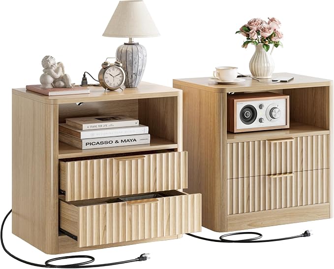 IRONCK Fluted Night Stand Set of 2, Modern Nightstand with Charging Station, Drawers and Open Shelves - Bedside Table Wood Side Table Set for Bedroom, Oak by IRONCK