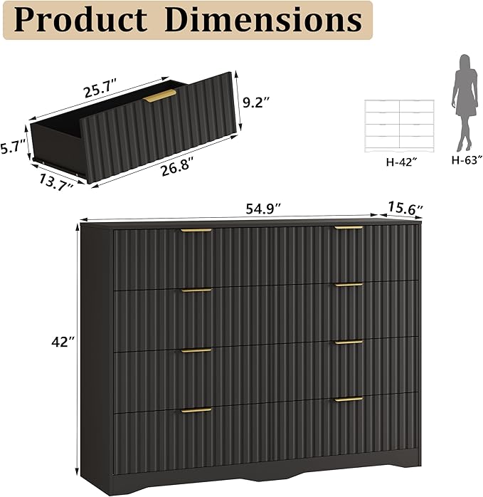 8 Drawer Dresser and Nightstand Sets for Bedroom, Modern Fluted 3 Pcs Bedroom Dresser Furniture Sets, Wood Chest of Drawers and Nightstand Set of 2 with Metal Handles, Black