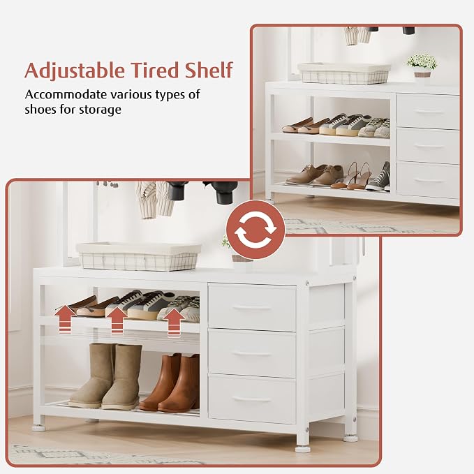 Lulive Hall Tree with Bench and Shoe Storage, 31.5" Coat Rack Freestanding with 2-Tier Storage Shelf, 5-in-1 Entryway Bench Coat Rack with 12 Hooks and 3 Drawers(White) - Image 6