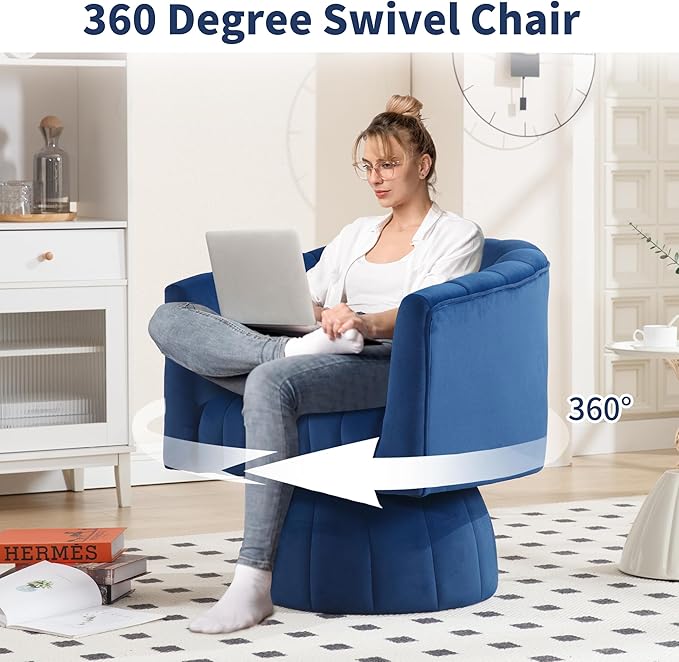 Swivel Accent Barrel Chair - Cute Comfy Small Round 360° Arm Chair Velvet Sofa Club Reading Chair for Living Room Bedroom Office Dark Blue