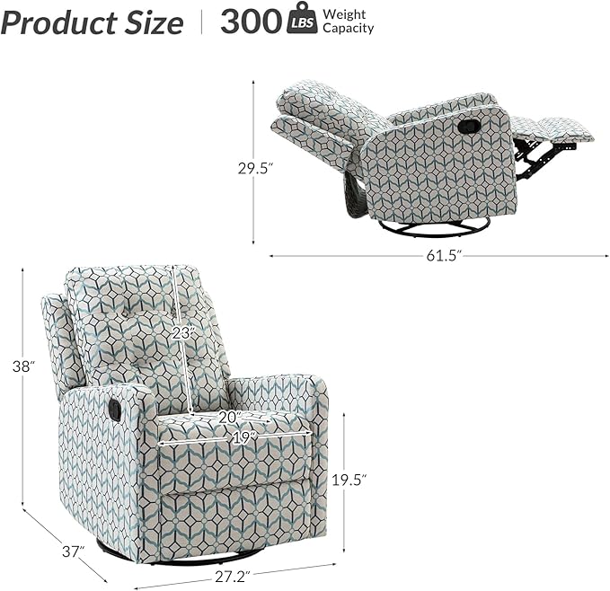 HULALA Home Recliner Chair Set of 2, Modern Printed Fabric for Living Room, Rocker Recliner Sofa Comfy Armchair 360 Degree Swivel, Nursery Rocking Chairs with Adjustable Backrest & Footrest/Ivory